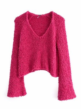 Free People Popcorn Knit Cropped Sweater Pink Bell Sleeve Boho